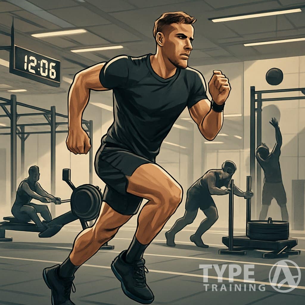 An athlete performing multiple fitness exercises in an indoor race setting with equipment stations and a digital timer.