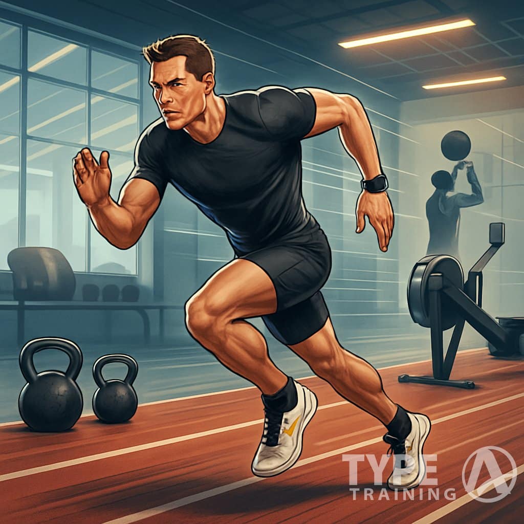 An athlete running indoors surrounded by gym equipment like kettlebells, rowing machines, and wall balls, training for endurance and running performance.