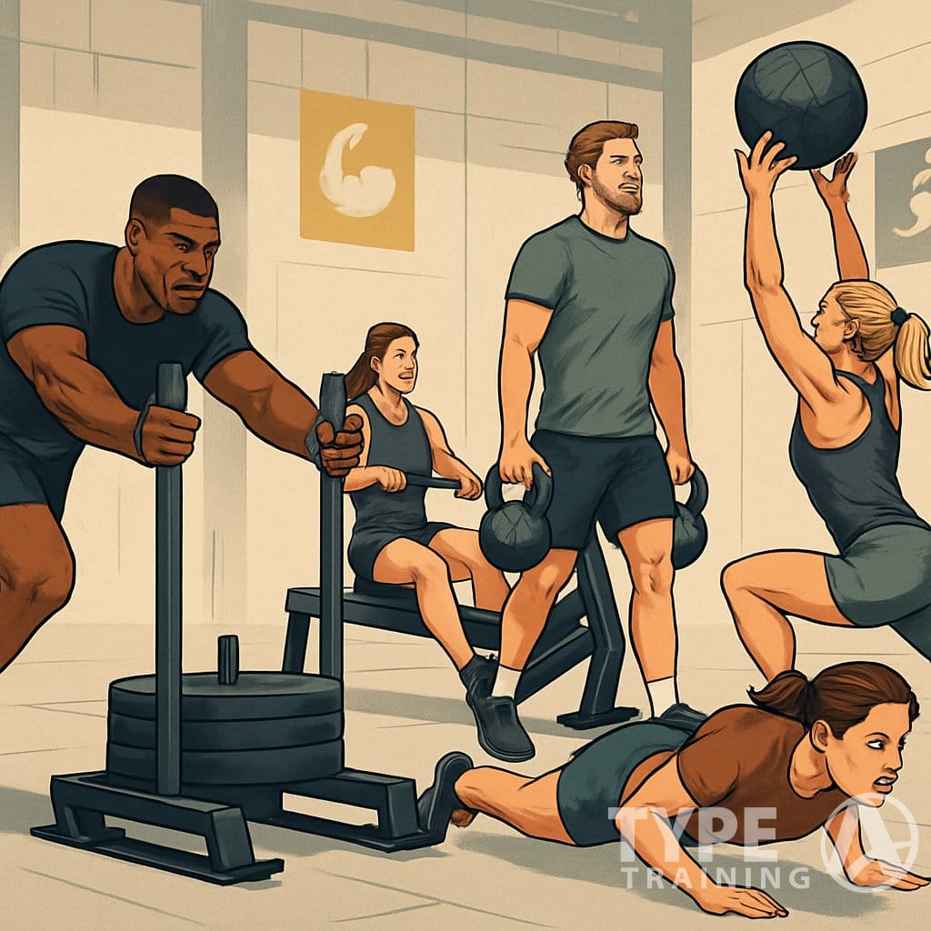 Athletes performing various strength and functional training exercises including sled pushes, rowing, kettlebell carries, wall balls, and burpees in a gym setting.