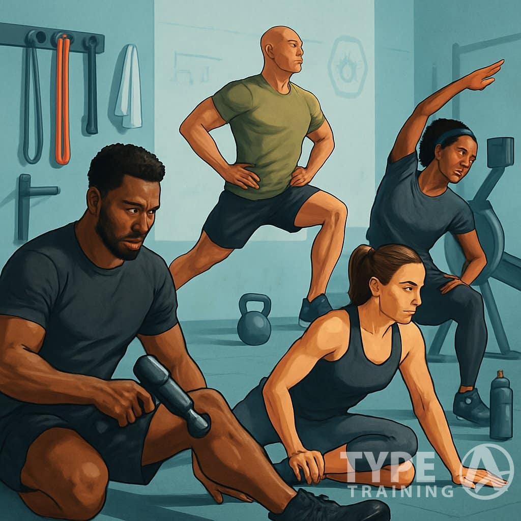 Athletes performing various recovery and mobility exercises in a gym, including stretching, foam rolling, and using massage tools.