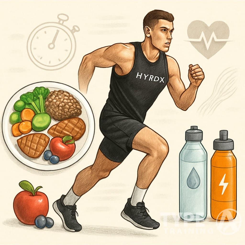 An athlete training surrounded by healthy foods and hydration items representing nutrition and hydration for peak performance.