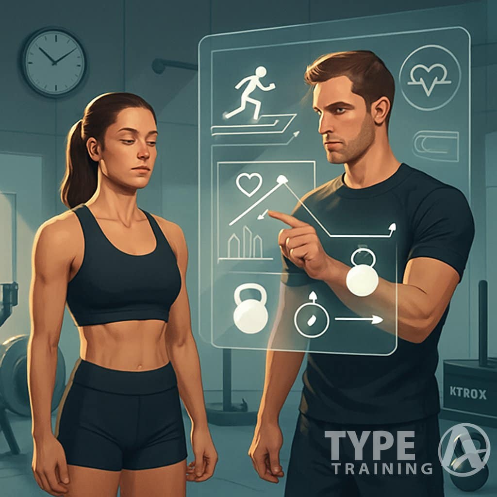 Two athletes in a gym preparing for a HYROX race, one visualizing strategy on a digital board and the other meditating to build mental toughness, surrounded by fitness equipment.