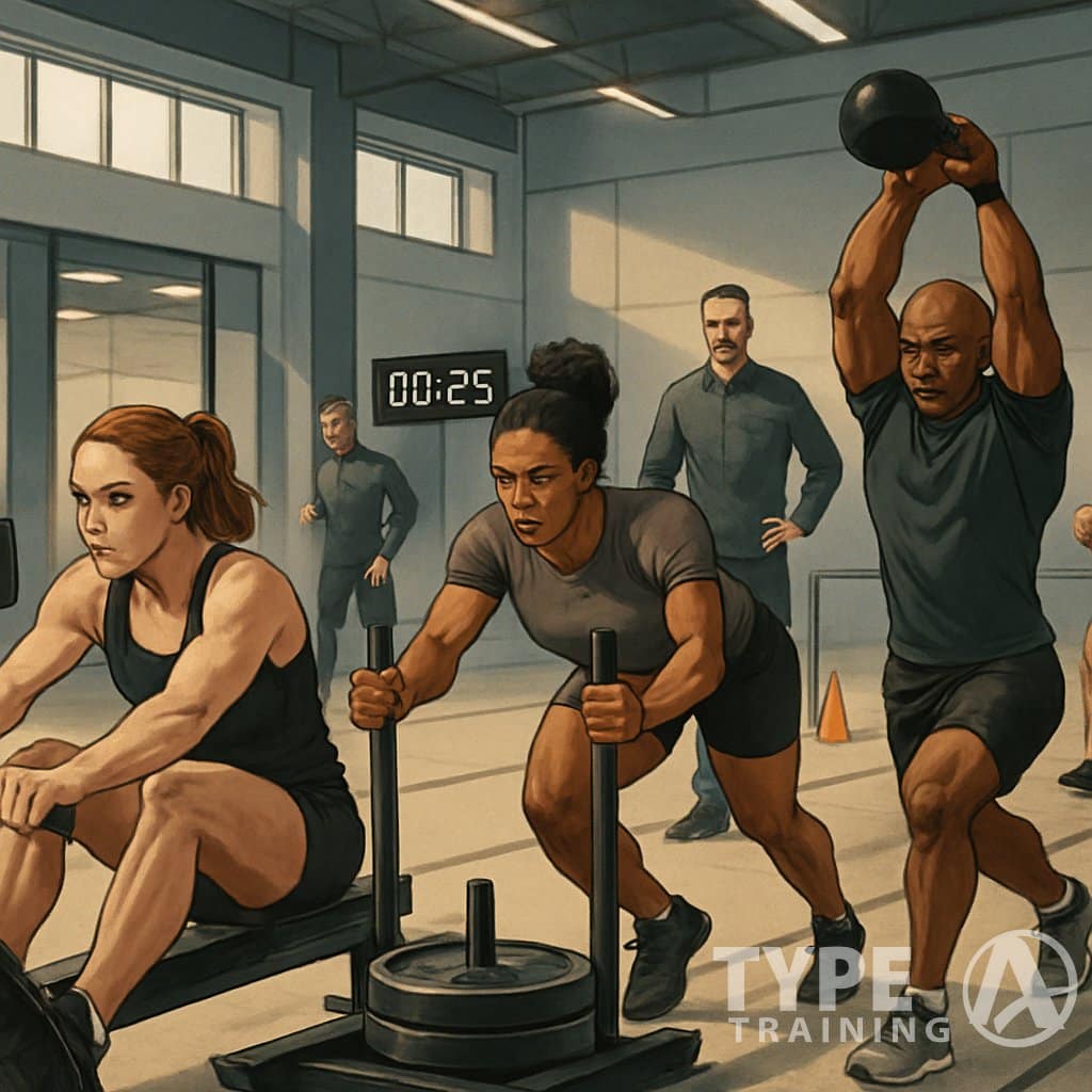 Athletes performing different HYROX training exercises like rowing, sled pushing, kettlebell lifts, and running inside a modern gym.