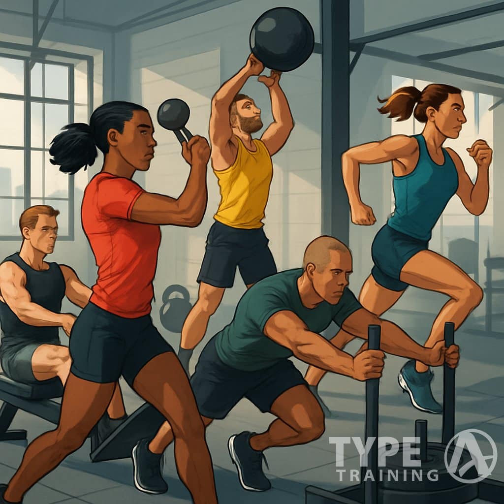 A group of athletes training with rowing machines, kettlebells, sleds, and medicine balls in a gym setting preparing for a race.
