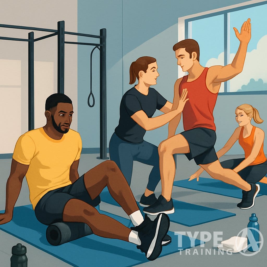 A group of athletes in a gym performing recovery and mobility exercises with a trainer guiding them.