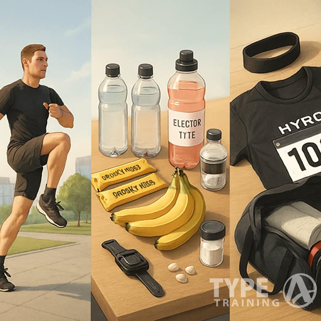 An athlete warming up outdoors, a table with race day nutrition items, and a collection of HYROX race gear including shoes, a smartwatch, and a gym bag.
