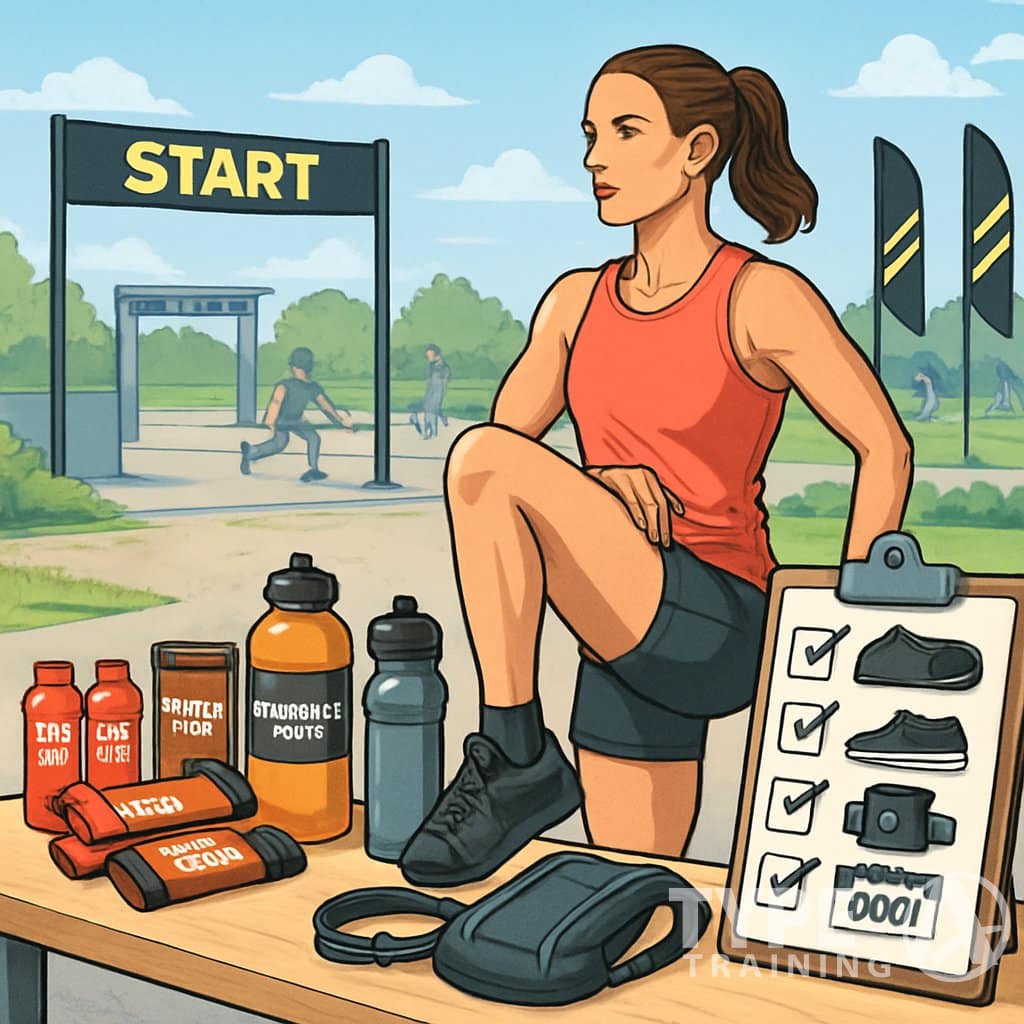 An athlete warming up outdoors near a race venue with a table displaying nutrition items, hydration supplies, and a gear checklist.