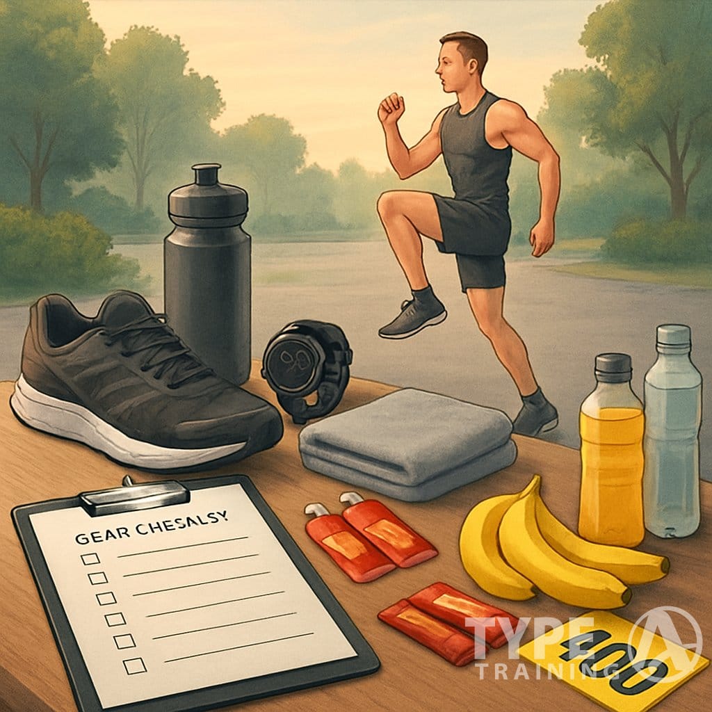 An athlete warming up next to a table with neatly arranged race gear and nutrition items in an outdoor setting.