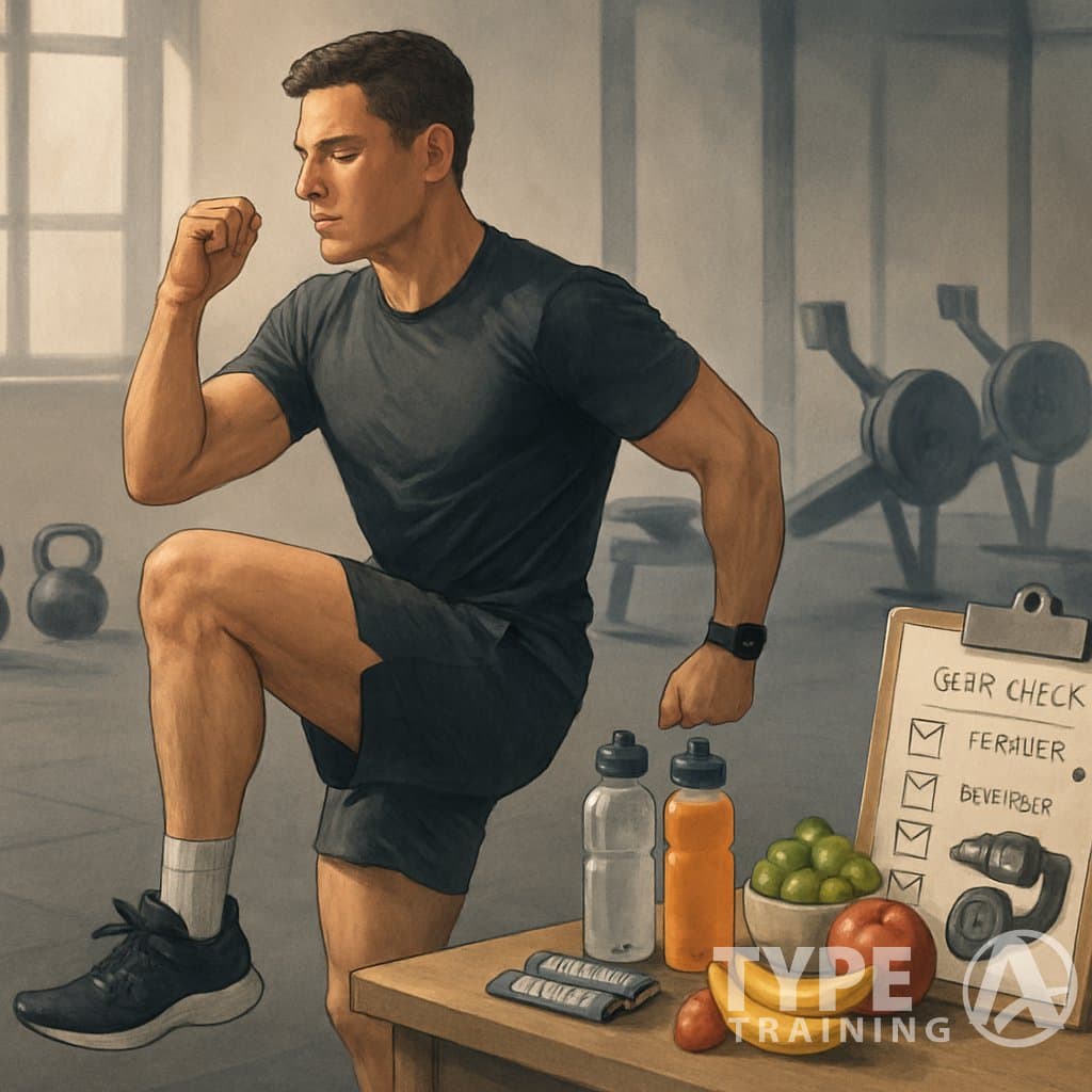 An athlete warming up in a gym with exercise equipment nearby, a table with healthy foods and drinks, and a checklist of gear items on a clipboard.