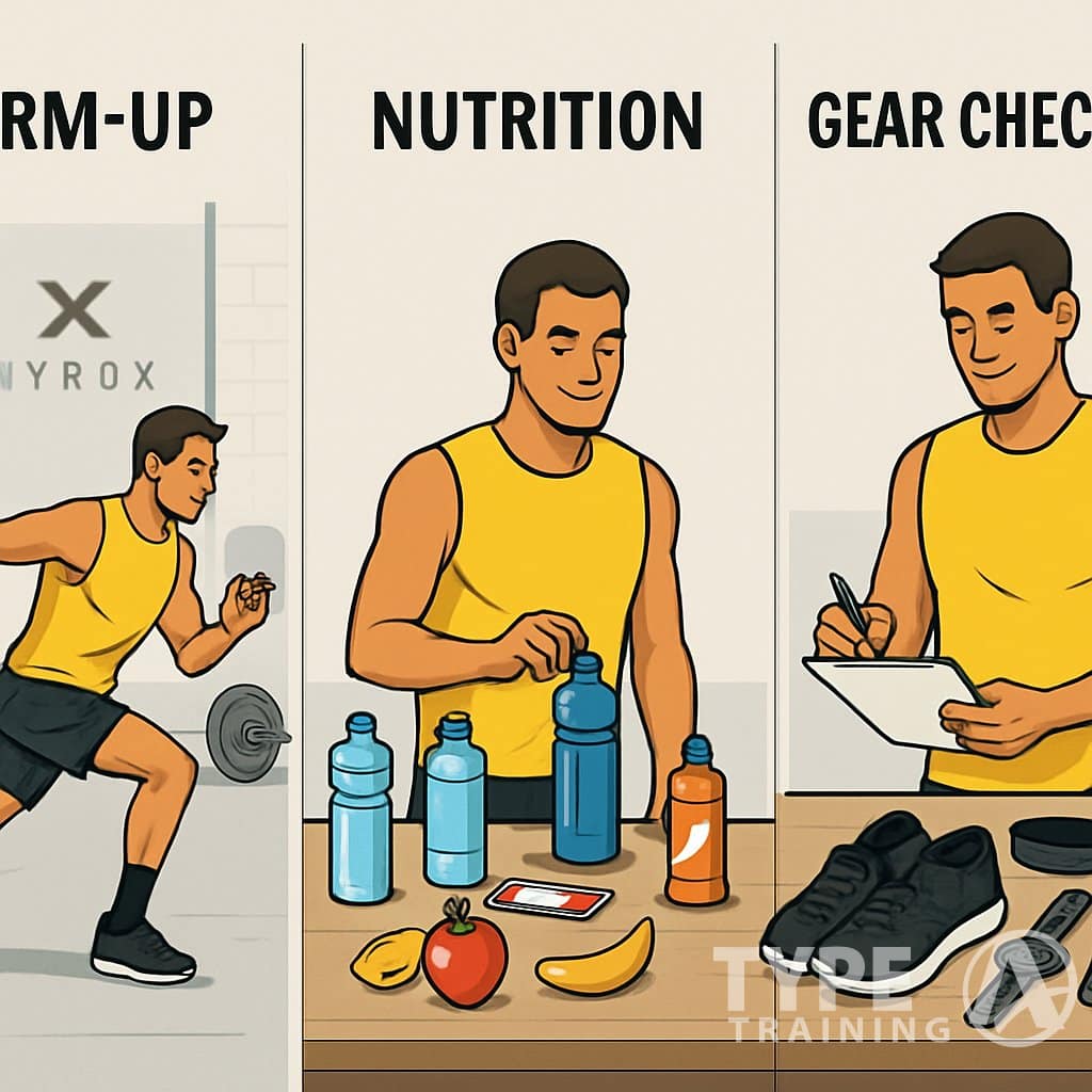 An athlete preparing for a HYROX race by warming up with stretches, selecting nutrition items, and checking race gear on a table.