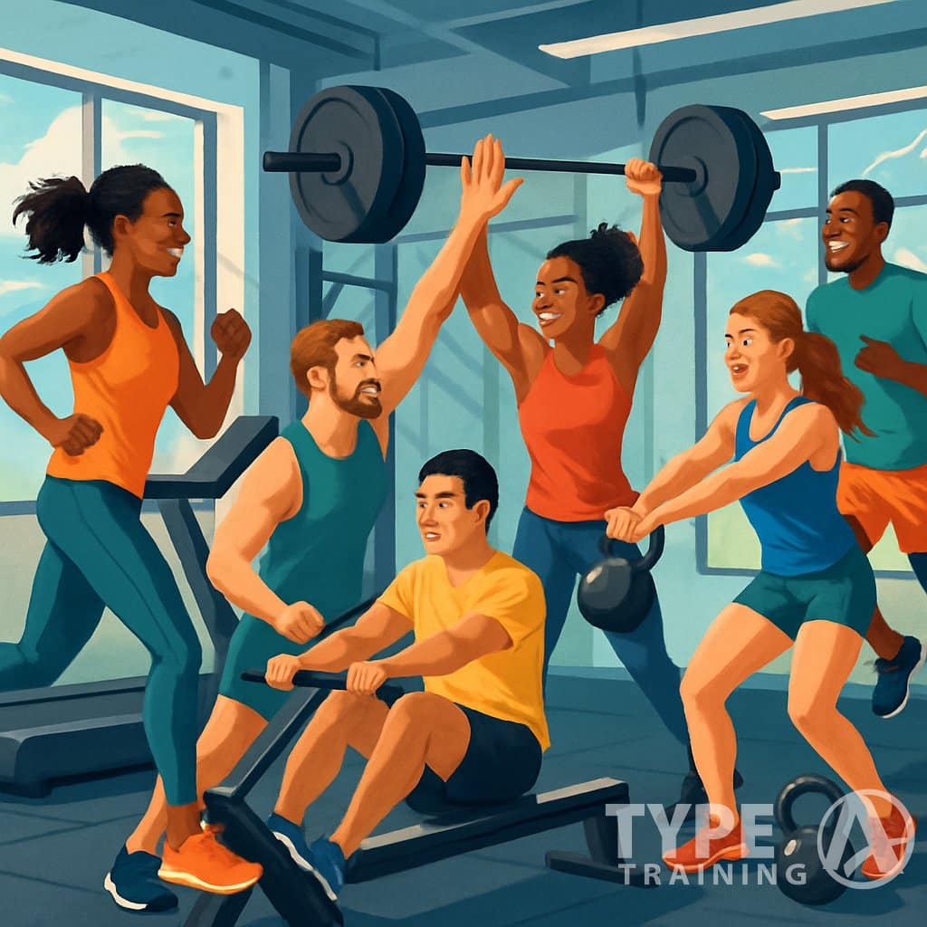 A group of diverse athletes exercising together in a gym, showing teamwork and encouragement during various fitness activities.