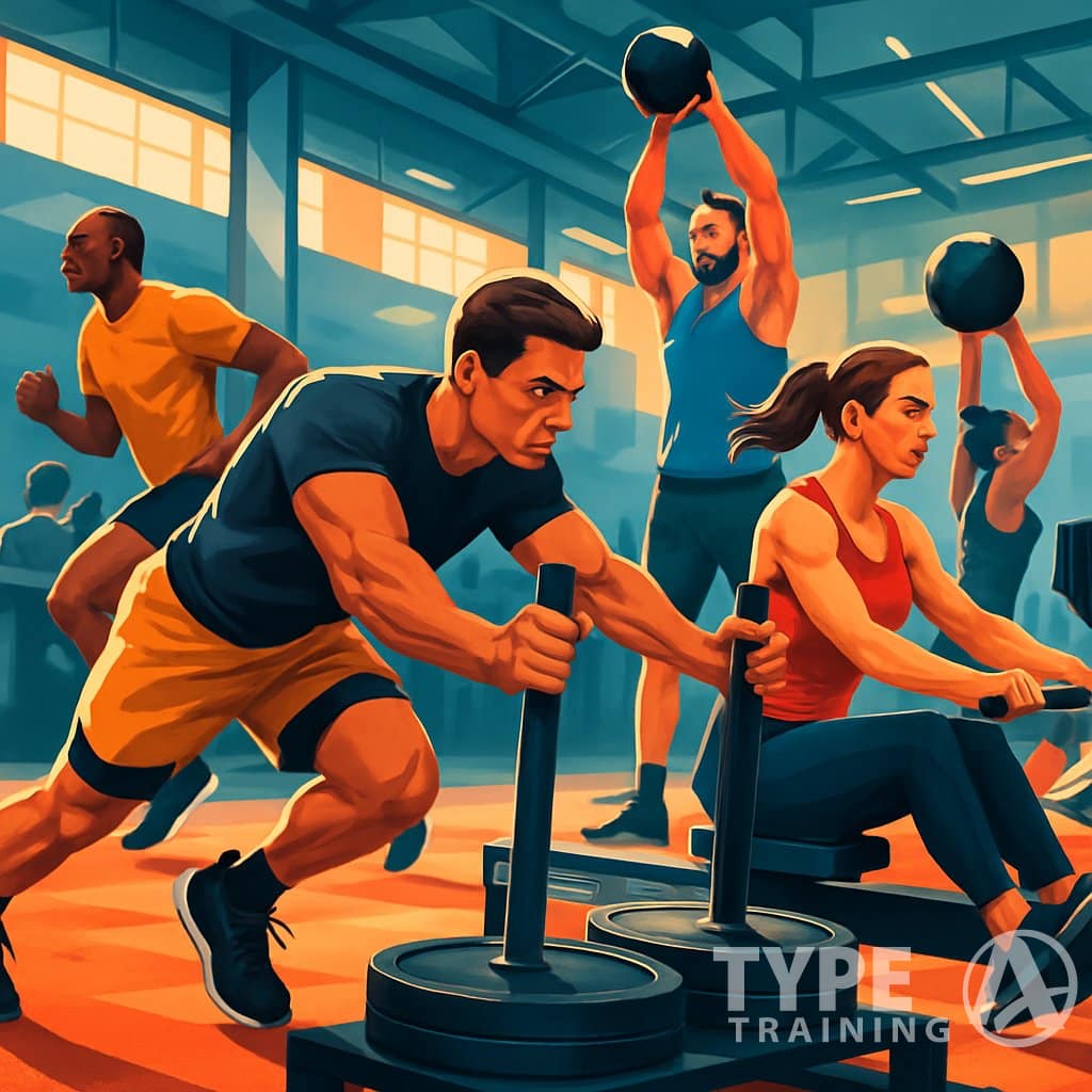 A group of athletes performing different hybrid fitness exercises together in an indoor gym setting, showing teamwork and determination.
