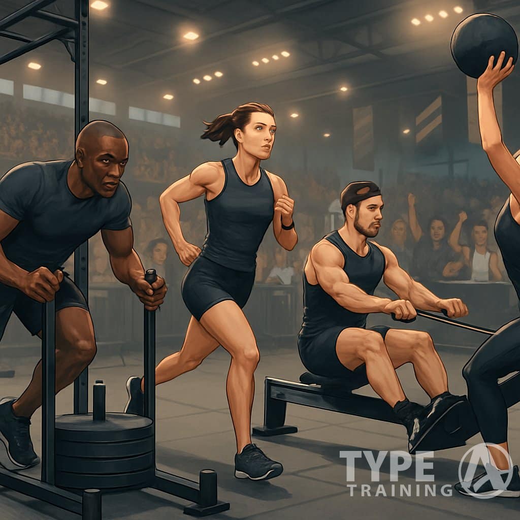A group of diverse athletes competing in various fitness exercises inside a sports arena with supporters cheering around them.