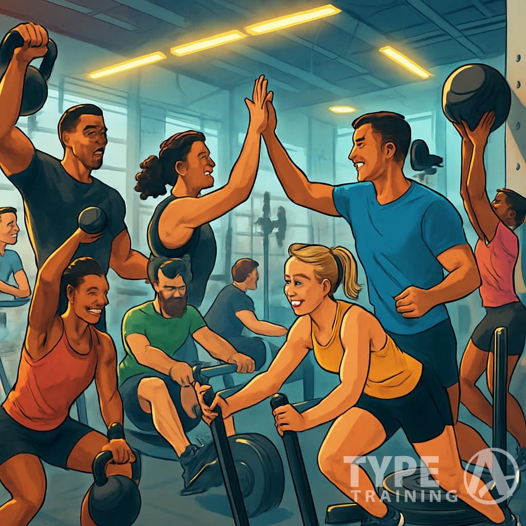 A diverse group of athletes exercising together in a gym, supporting each other during various fitness activities.