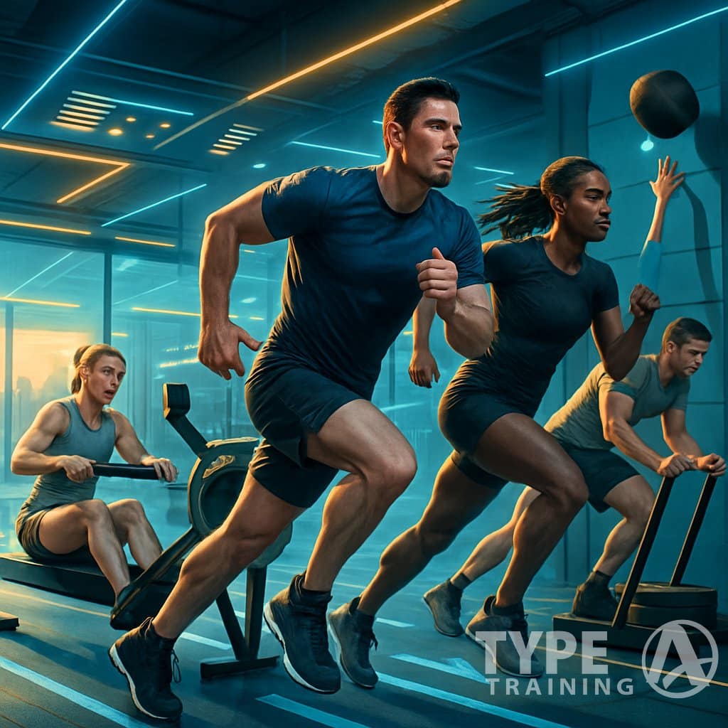 Athletes competing in a hybrid fitness race, performing various exercises like running, rowing, and sled pushing in a modern sports arena.