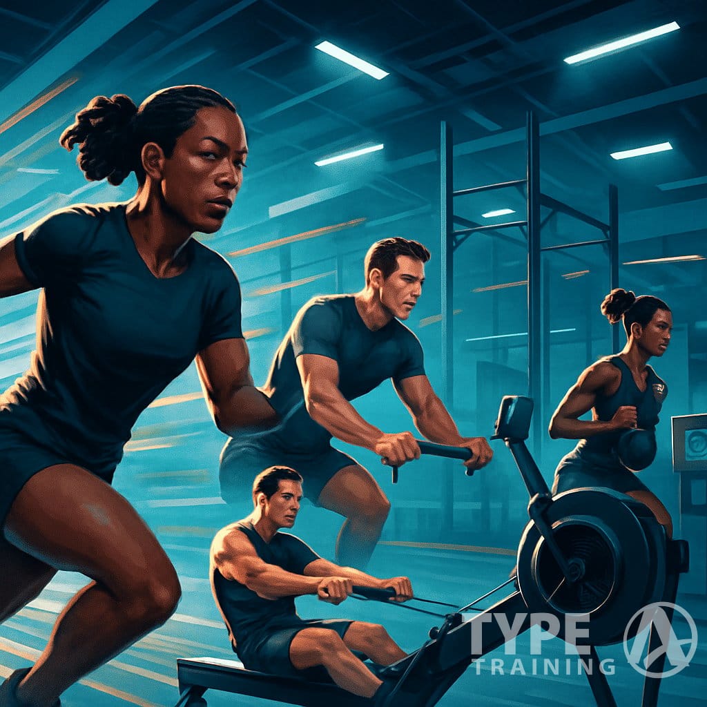 Athletes performing various fitness exercises like running, rowing, and sled pushing inside a modern gym setting.