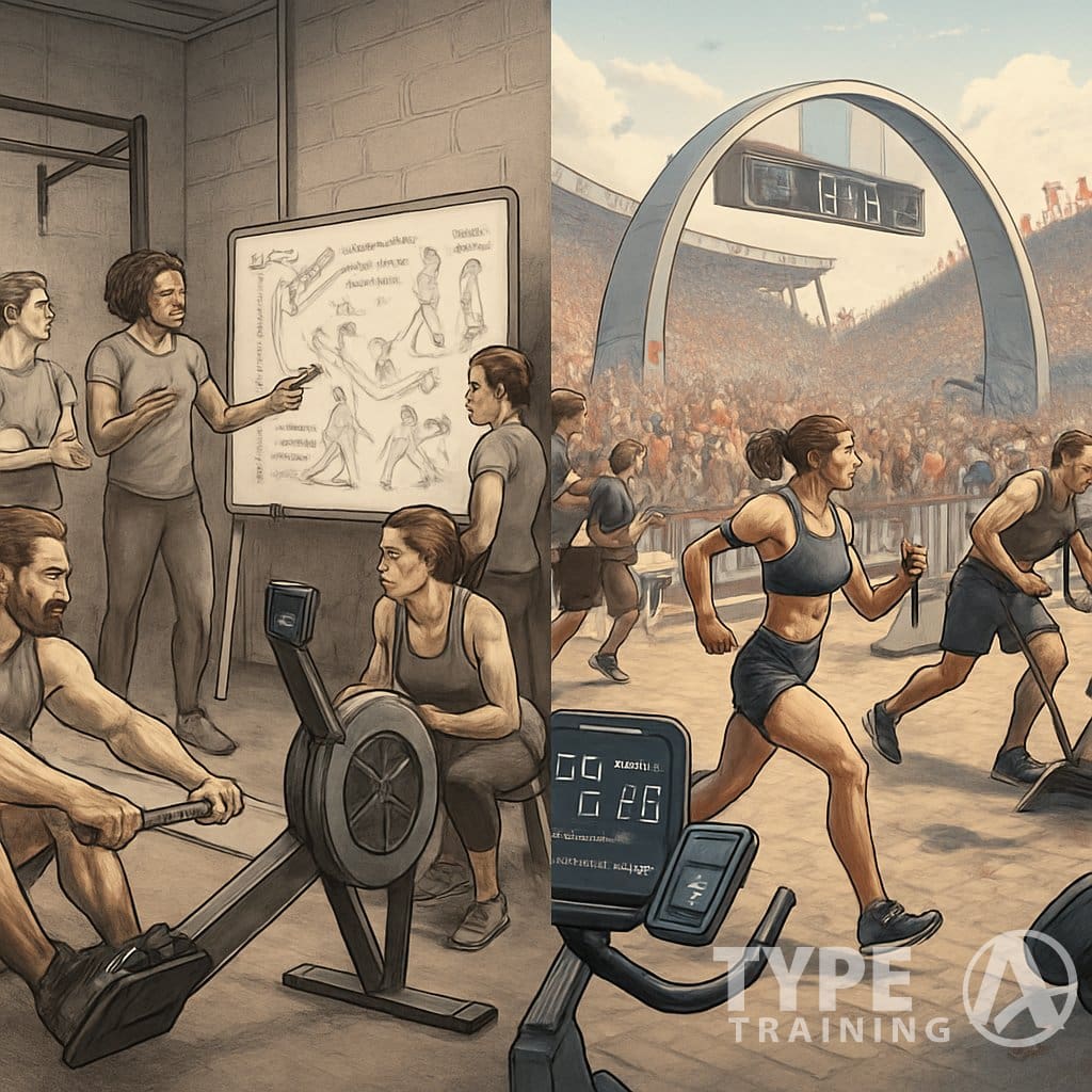 An illustration showing the development of HYROX fitness racing from a small gym training session to a large international race event with many athletes and spectators.