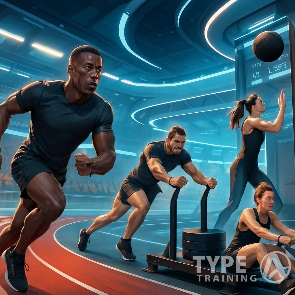 Athletes competing in a hybrid fitness race inside a modern indoor sports arena with various exercise stations and a cheering crowd.
