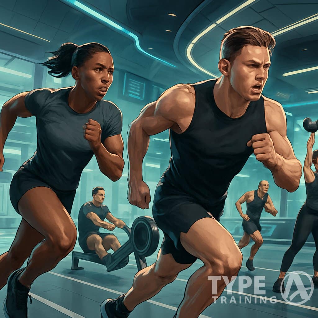 Athletes competing in a hybrid fitness race inside a modern indoor venue, performing running, rowing, and strength exercises.