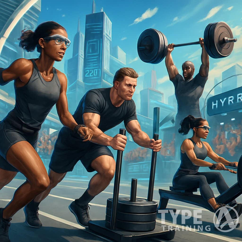 Athletes participating in a hybrid fitness race combining running, rowing, and strength exercises on a futuristic outdoor course with spectators watching.