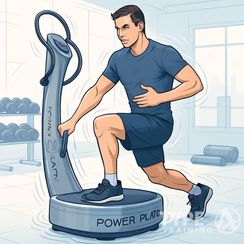 A person warming up on a Power Plate vibration machine in a gym, preparing their body for exercise.