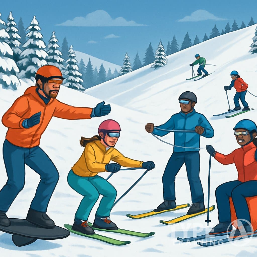 People training on a snowy mountain slope using balance boards and resistance bands to prepare for skiing safely.