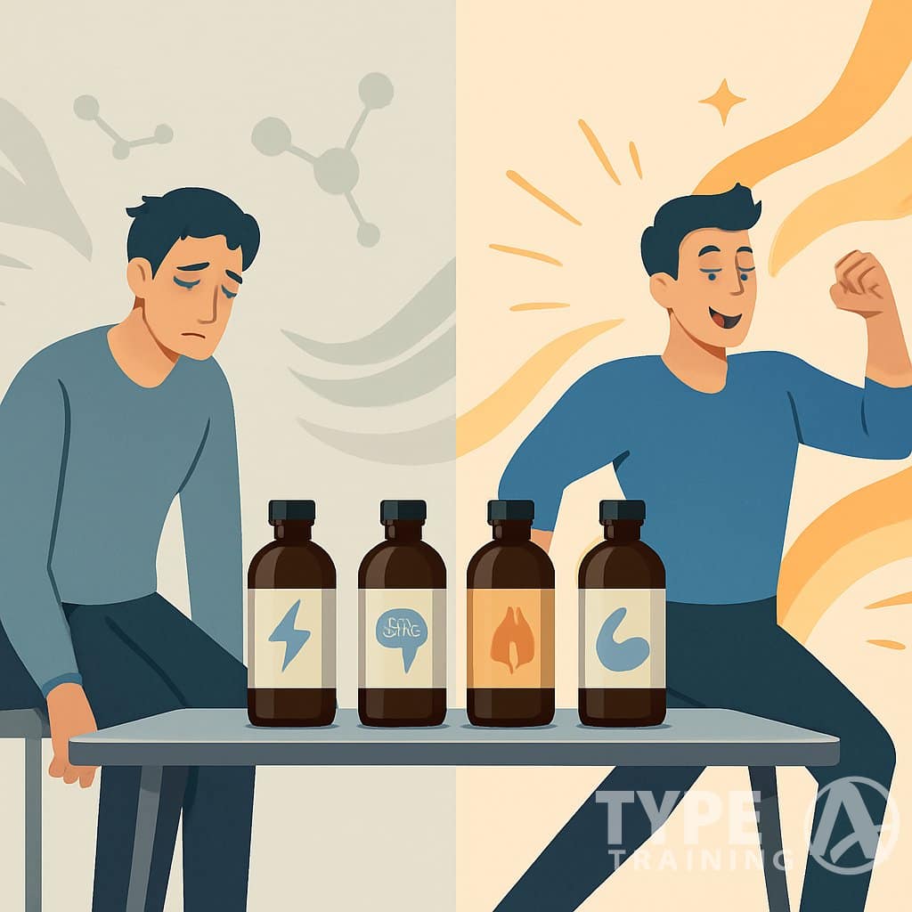 Illustration showing a person transitioning from feeling sluggish to energetic with various MCT oil bottles displayed on a table.