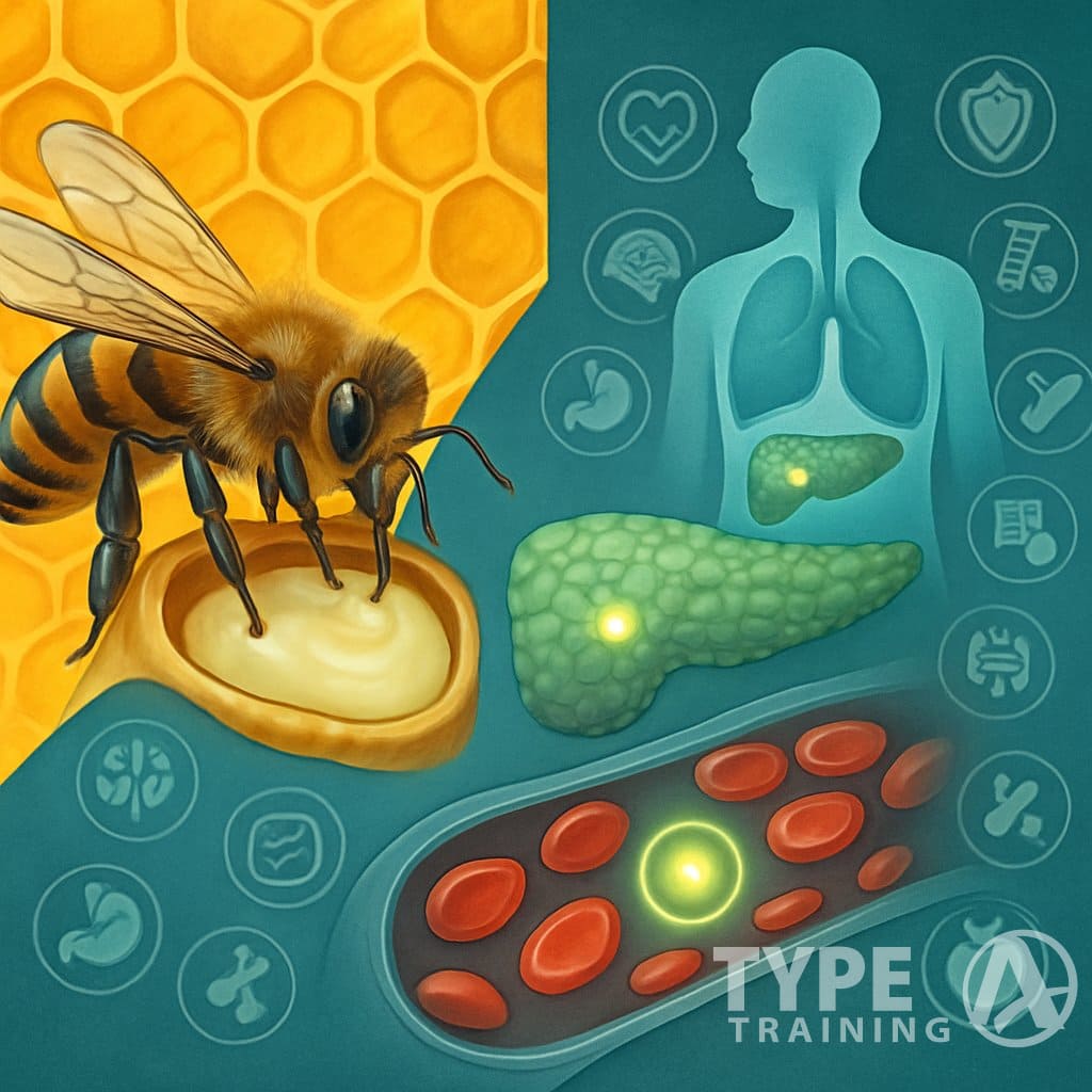 A detailed illustration showing a honeybee collecting royal jelly near a honeycomb, with human organs highlighting blood sugar regulation and twelve icons representing health benefits.