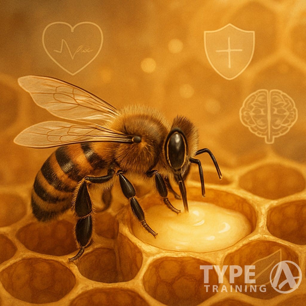 A honeybee collecting royal jelly from a honeycomb inside a beehive with health-related icons floating around.