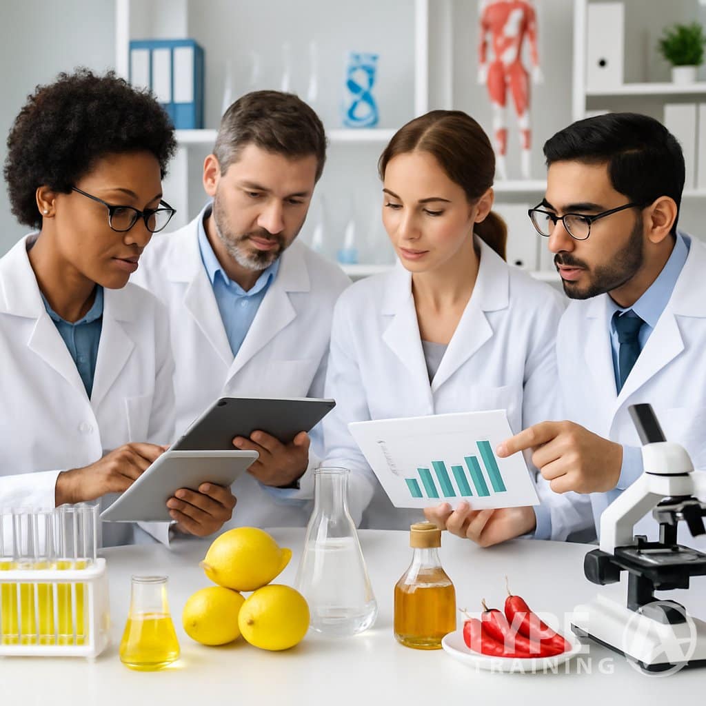 Scientists and nutritionists discussing health research in a modern laboratory with natural ingredients displayed on a table.