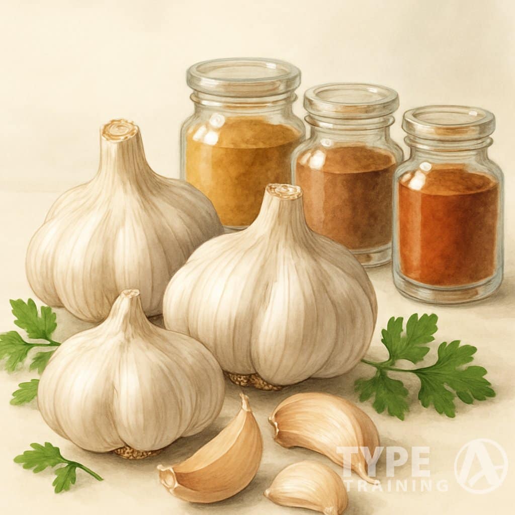A cluster of garlic bulbs and cloves surrounded by small jars of spices and scattered green herbs on a light surface.