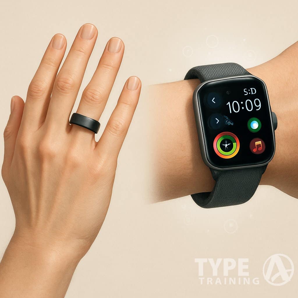 A hand wearing an Oura Ring next to a wrist wearing an Apple Watch, both shown clearly for comparison.