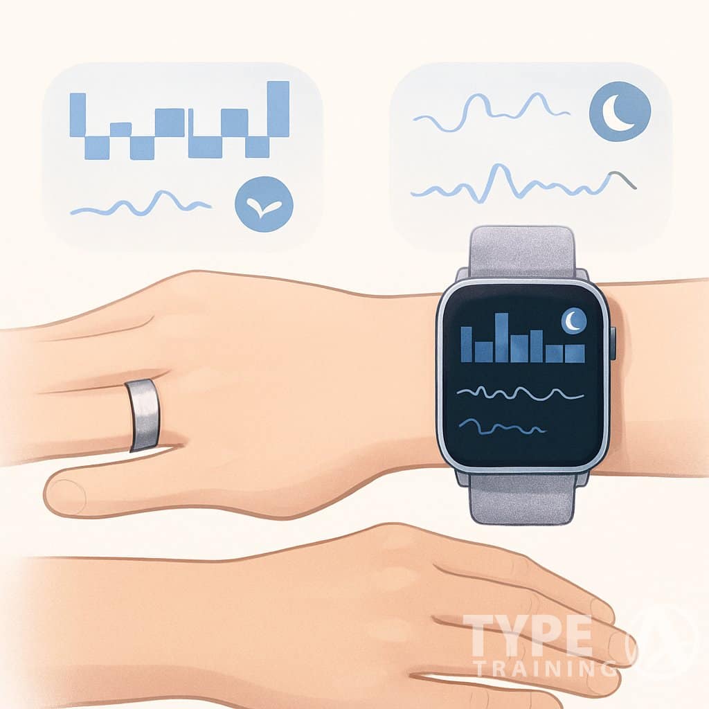 Two wrists side by side, one wearing an Oura Ring and the other an Apple Watch, with graphical sleep data elements displayed above each device.