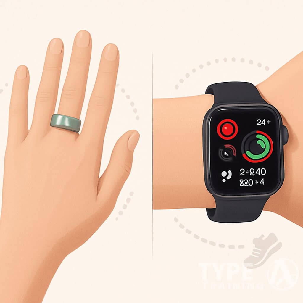 A hand wearing an Oura Ring and a wrist wearing an Apple Watch, both showing activity and fitness tracking indicators.