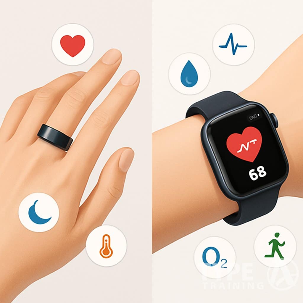 An illustration showing a close-up of an Oura Ring on a finger and an Apple Watch on a wrist, each surrounded by icons representing their health monitoring features.
