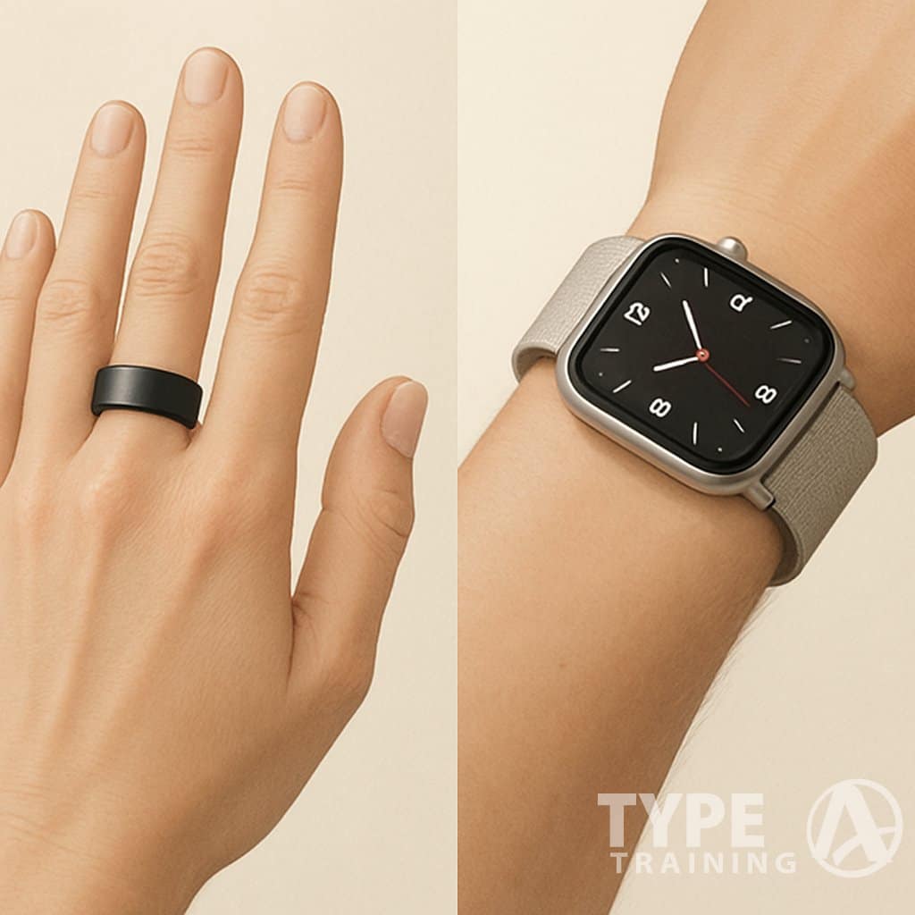A close-up illustration showing a hand wearing an Oura Ring on a finger and a wrist wearing an Apple Watch, highlighting their size and fit.