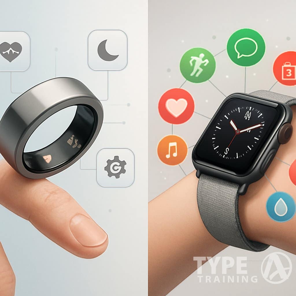 An illustration showing an Oura Ring on a finger and an Apple Watch on a wrist, each surrounded by icons representing health and app integrations.