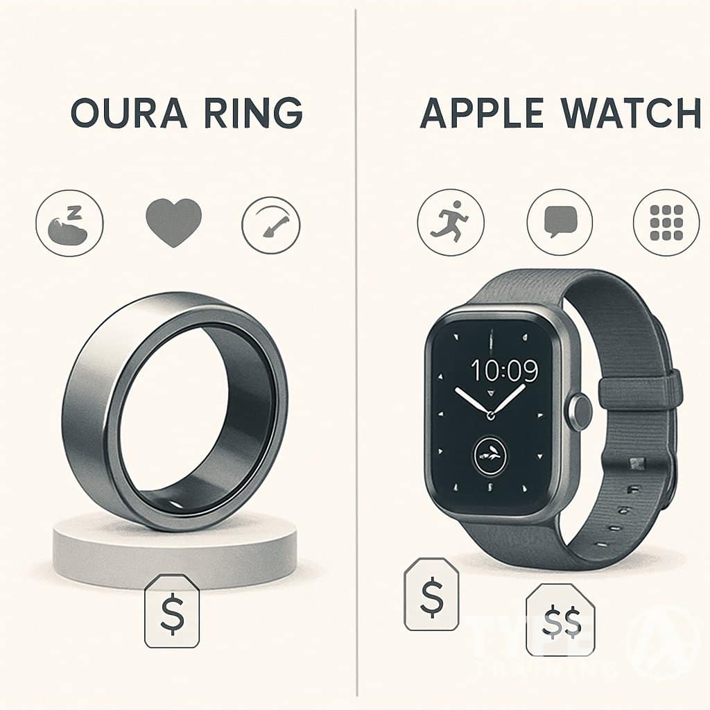 A side-by-side comparison of an Oura Ring and an Apple Watch with icons representing their features and pricing.