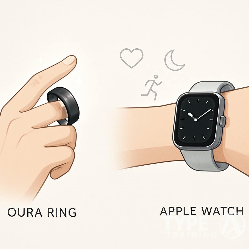 A comparison illustration showing an Oura Ring on a finger and an Apple Watch on a wrist side by side.