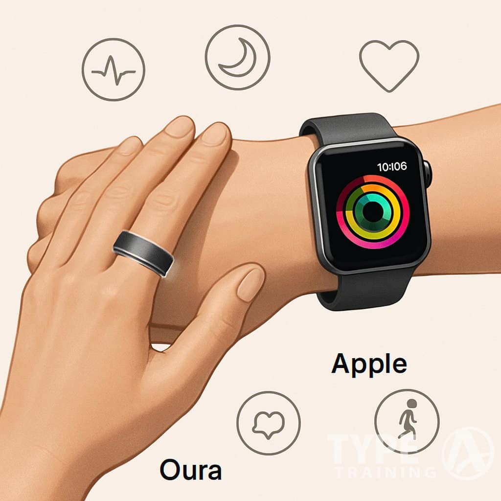 Close-up of a hand wearing an Oura Ring and another hand wearing an Apple Watch, surrounded by icons representing health and activity tracking.