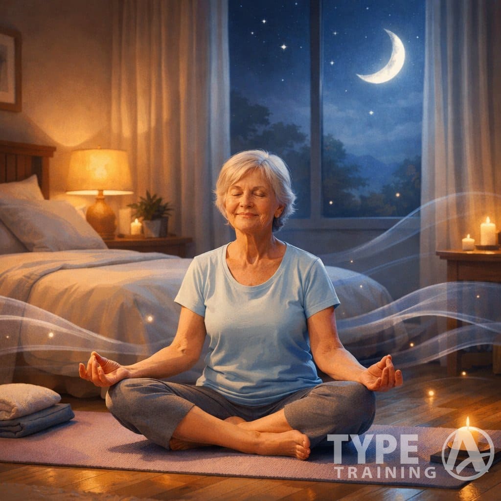 An elderly woman practicing yoga on a mat near a bed in a calm bedroom at night with moonlight visible through a window.