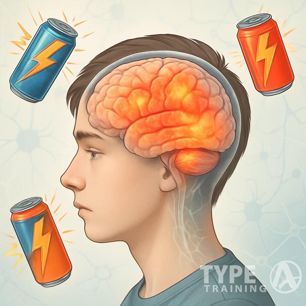 Side profile of a teenage boy's head showing the brain with highlighted areas affected by energy drinks, surrounded by vibrant energy drink cans and subtle scientific elements in the background.