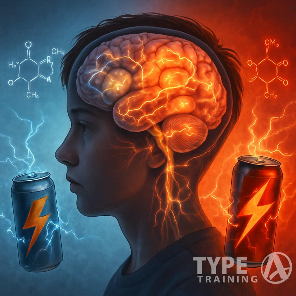 Side profile of a teenage boy's head showing a glowing brain with neural pathways, surrounded by energy drink cans emitting electric effects, illustrating adolescent brain development and vulnerability.