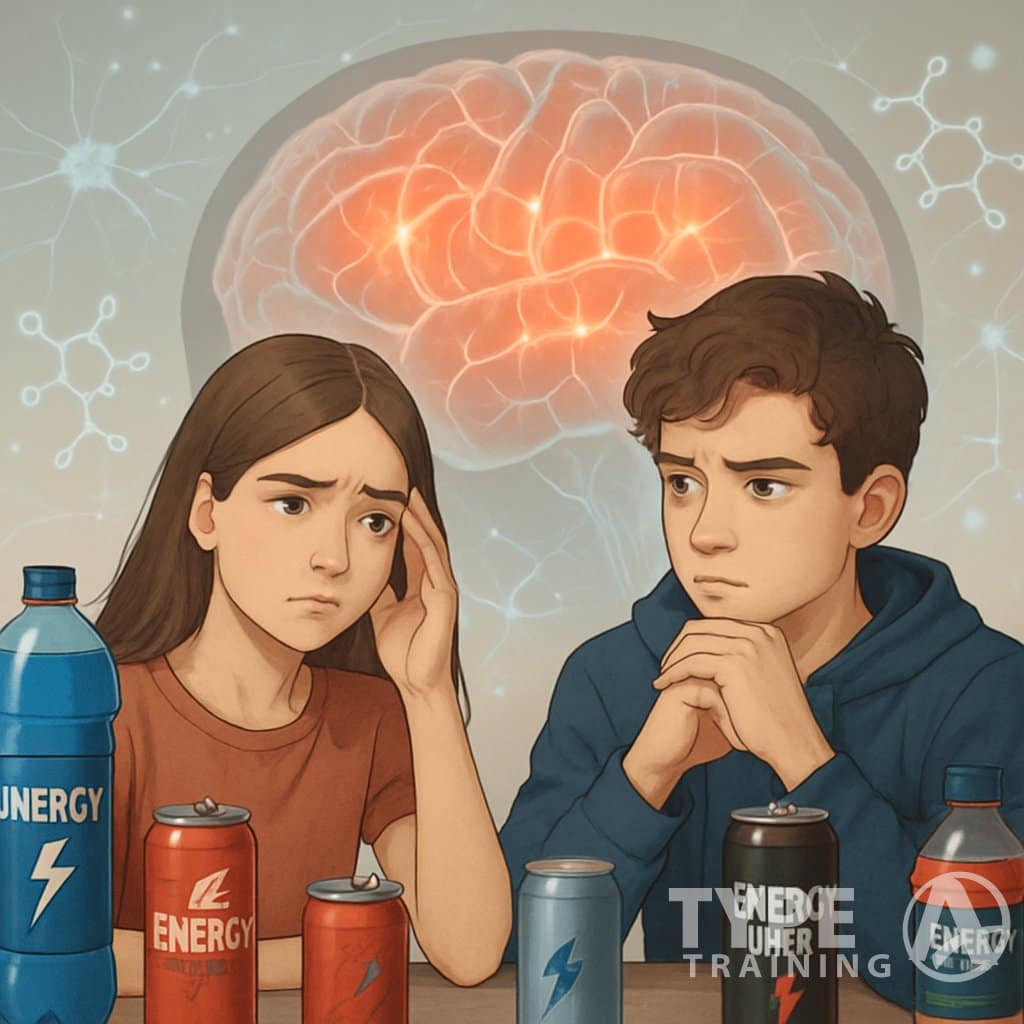 An adolescent boy and girl surrounded by energy drinks with a translucent brain illustration behind them highlighting brain regions.