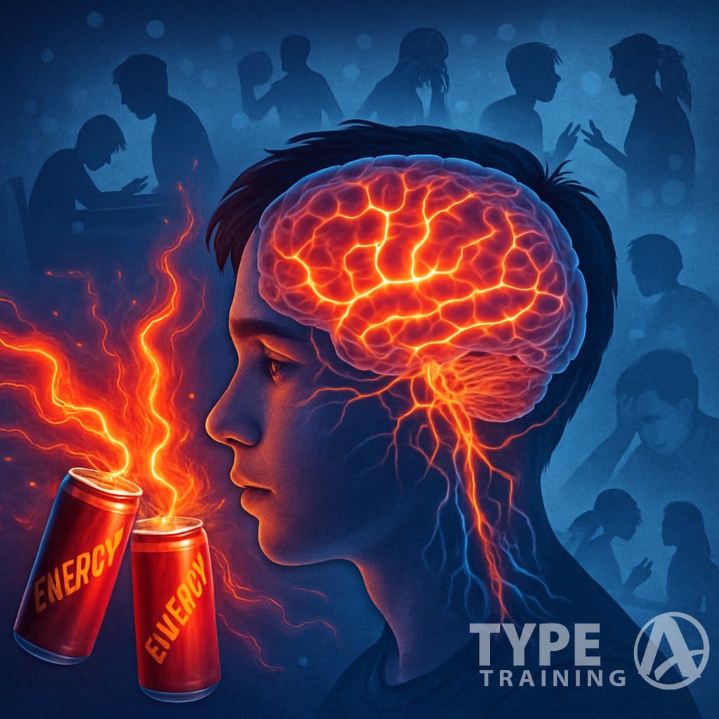 Side profile of a teenage boy's head showing the brain with energy drink cans nearby emitting glowing waves affecting the brain, with silhouettes of adolescents in the background.