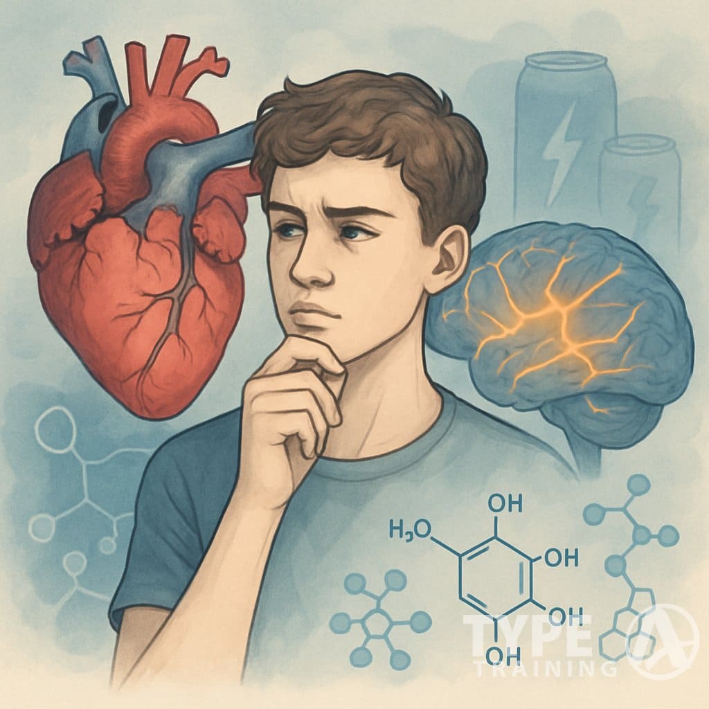 An adolescent surrounded by symbolic illustrations of the heart, brain, and metabolic elements representing health concerns related to energy drink consumption.