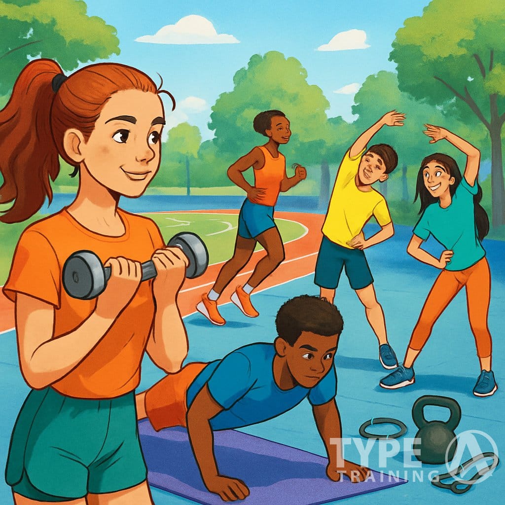 Teenagers exercising outdoors, lifting weights, running, doing push-ups, and stretching in a park-like gym area.