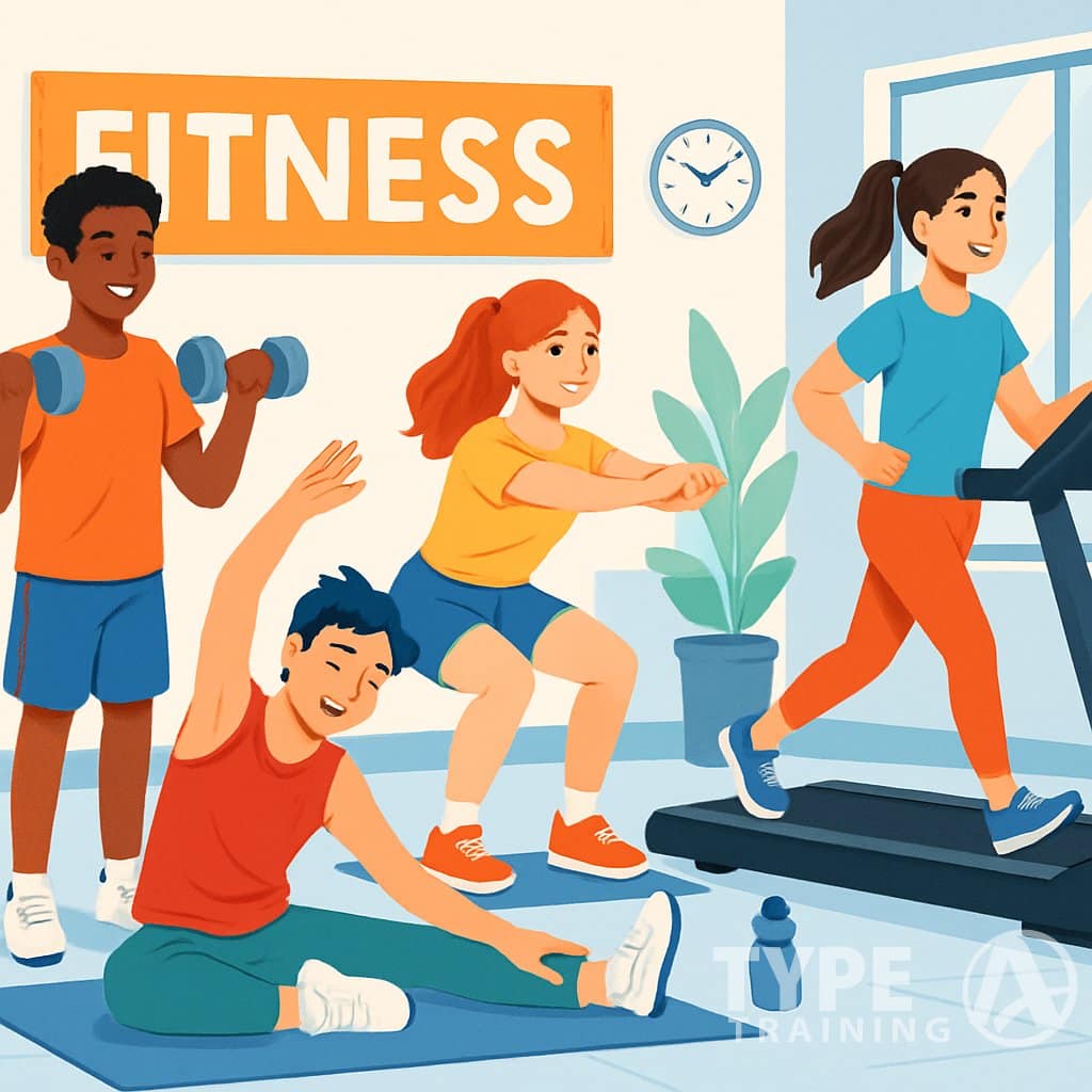 A group of teenagers exercising together in a gym, doing different workouts like lifting weights, stretching, and jogging.