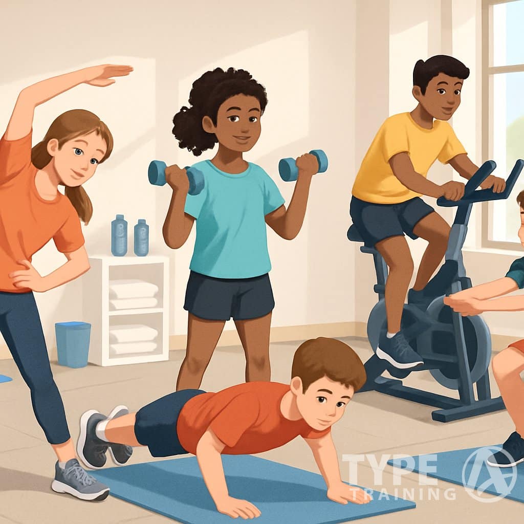 A group of teenagers exercising together in a gym, doing different workouts like stretching, lifting weights, and cycling.