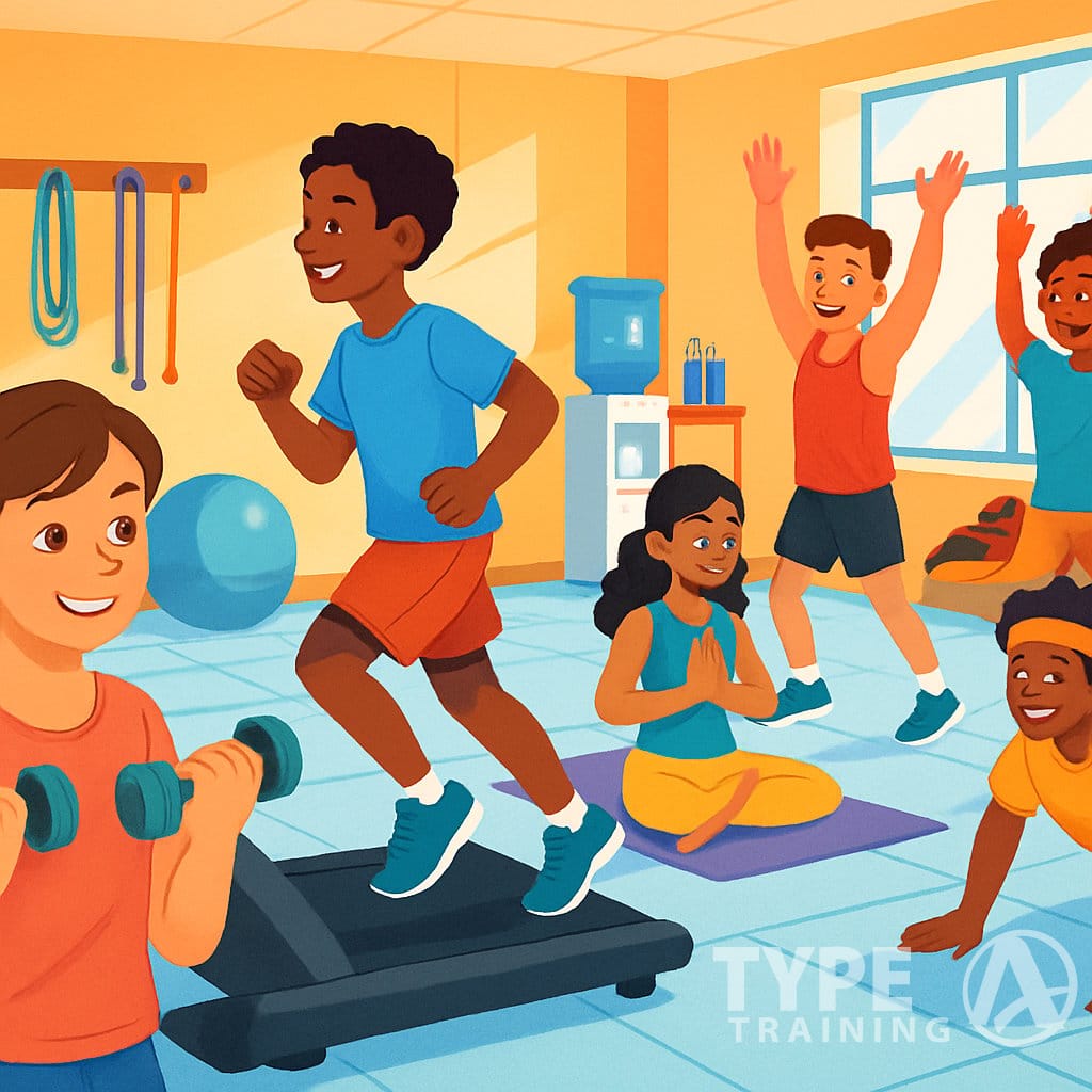 A group of teenagers exercising together in a gym, performing different workouts like weightlifting, running, yoga, and bodyweight exercises.